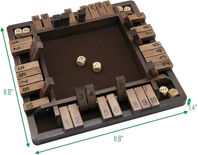 Juegoal Wooden 4 Players Shut The Box Dice Game, Classics Tabletop Version and Pub Board Game, 12 inch