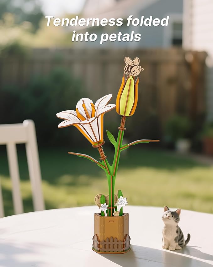 KAAYEE Wooden 3D Flower Puzzles for Adults-WhiteLily, Wooden Flowers Model Kit Set DIY Crafts to Build, Mother's Day/Botanical Collection/Ideal Creative Gift Ideas/Housewarming