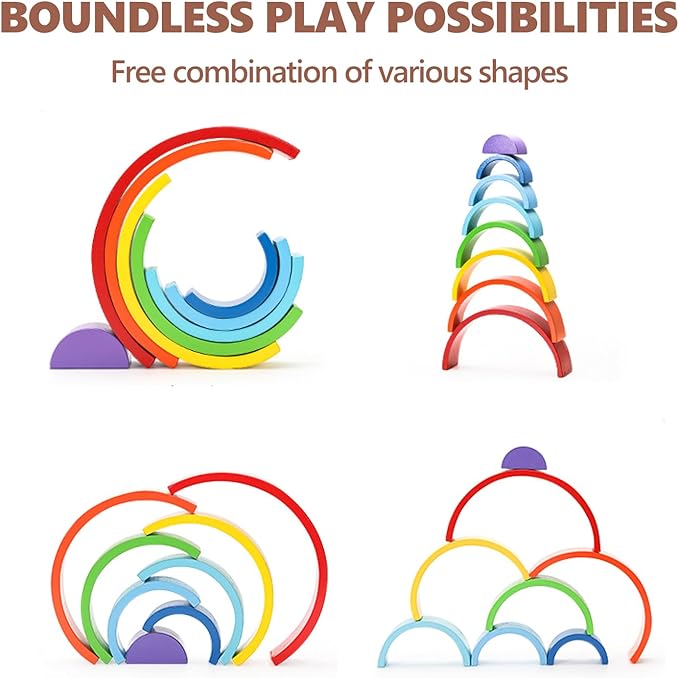 Wooden Rainbow Stacking Toy, Large Wood Arch Game, Montessori Building Blocks - Colorful Stacking Blocks Puzzles for Kids 3-5 Years Old, 8 Layers