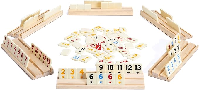 Upgraded Rummy Game Set, 6 Players Edition with 6 Tile Holders and 160 Rummi Tiles, Family Classic Board Games for Adults & Kids