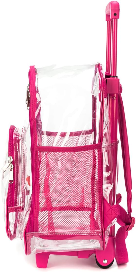 K-Cliffs Rolling Clear Backpack Heavy Duty Bookbag Quality See Through Workbag Travel Daypack Transparent School Book Bags w/Wheels Hot Pink