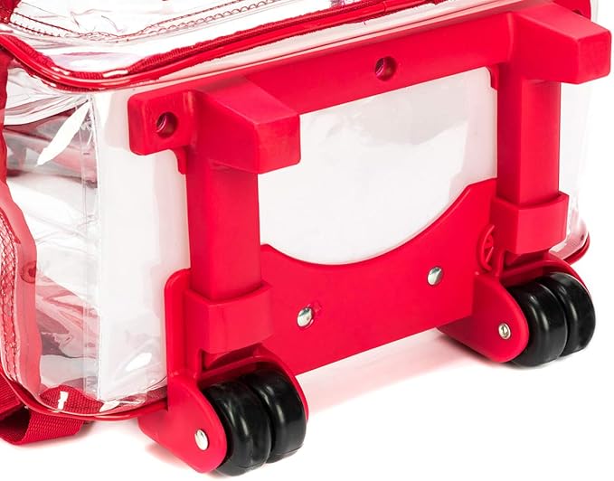 K-Cliffs Rolling Clear Backpack Heavy Duty Bookbag Quality See Through Workbag Travel Daypack Transparent School Book Bags w/Wheels Red