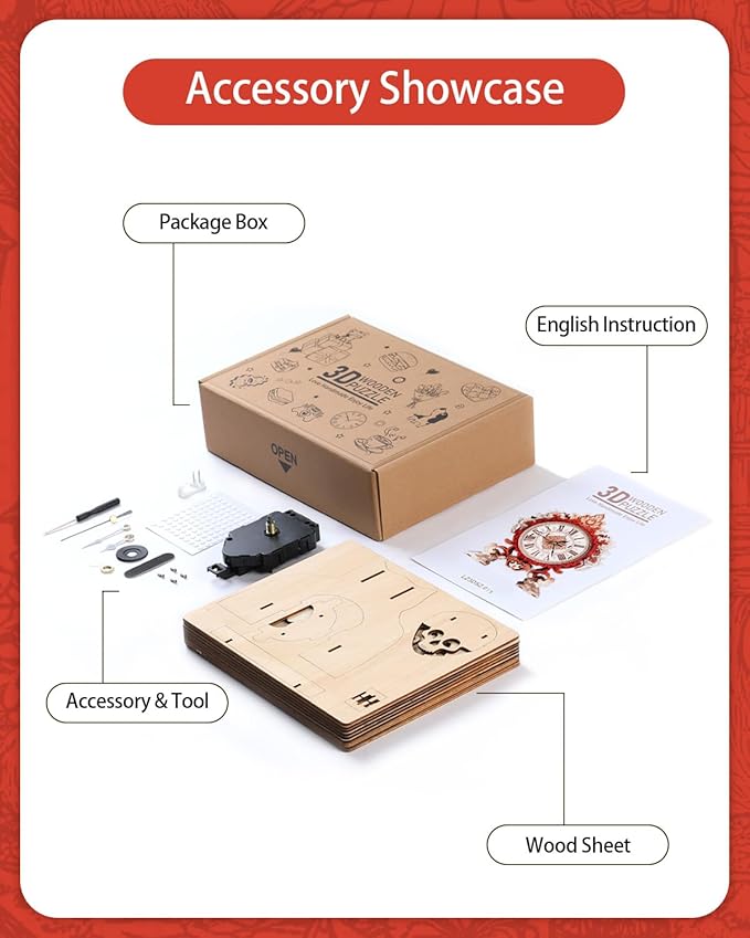 3D Wooden Puzzles for Adults, 3D Puzzles Flame Flower Clock Kit (with Pendulum), Wooden Puzzle for Adults Teens Home Wall Decor Clock Christmas Day Puzzle Gifts for Adults