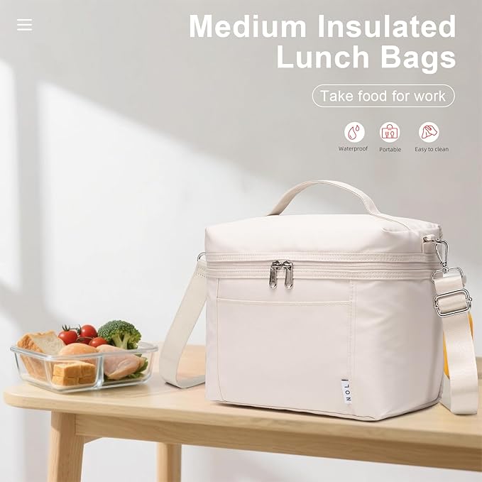 NOL Natural Organic Lifestyle Insulated Lunch Bags for Women Cooler Bag Lightweight Nylon Waterproof Lunch Box For Work(Medium, Cream