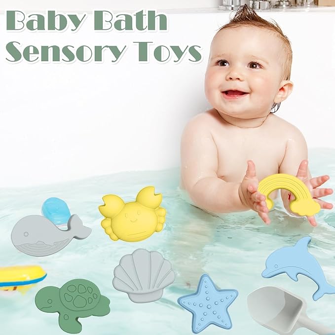 11Pcs Baby Beach Toys, Silicone Beach Toys, Baby Beach Essentials, Travel Friendly Beach Set, 1 Bucket, 1 Shovel, 8 Sand Molds, Beach Bag, Sand Toys for Toddlers 1-3 (Gray)