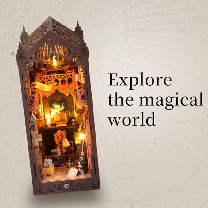 Magic Library Book Nook Kit - DIY Miniature House Tiny House 3D Wooden Puzzle Dollhouse Kit for Adults and Teens, Bookshelf Insert Decor, Model Build, Craft Gift for Family and Friends