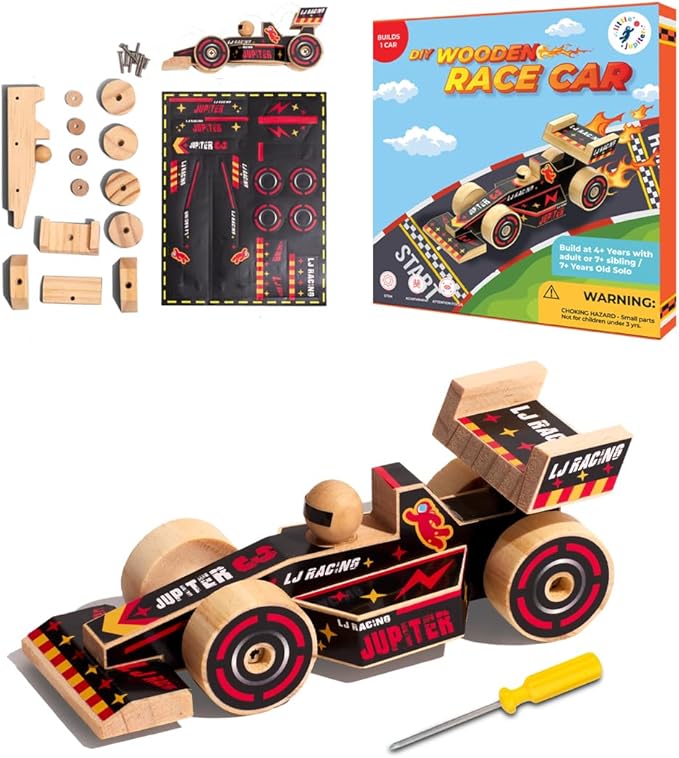 Little Jupiter DIY Wooden Kits w/Stickers - Kids Building- Stem Toys - Wood Crafts - Woodworking - Wood Project for Ages 4-7 Yrs (Open Wheel Car)