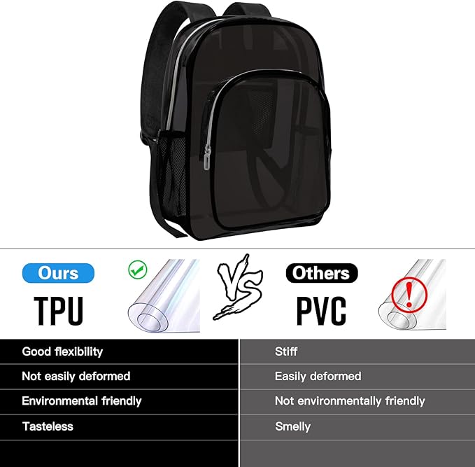 Clear Backpack Heavy Duty Transparent Backpack for Security Travel Work (Black)