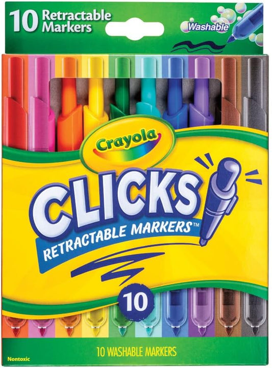 Crayola Clicks Retractable Tip Marker Set for Kids (10ct), Teacher Supplies, Long Lasting Markers For School, No Dry, Coloring Book Essentials, 6+