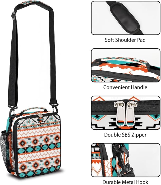 Aztec Lunch Bags for Women Insulated Lunch Boxes Western Rectangular Waterproof Lunch Tote Bag with Adjustable Shoulder Strap Portable Picnic Bag for School Work Outdoor Kid Girls Gifts