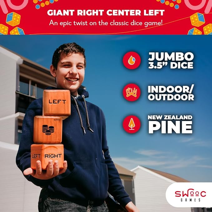 SWOOC Gamesยฎ - Giant Right Center Left Dice Game (All Weather) with 24 Large Chips & Carry Bag - Jumbo Wooden Lawn Game - Big Backyard Games for Family - Indoor/Outdoor - Left Right Center Dice Set