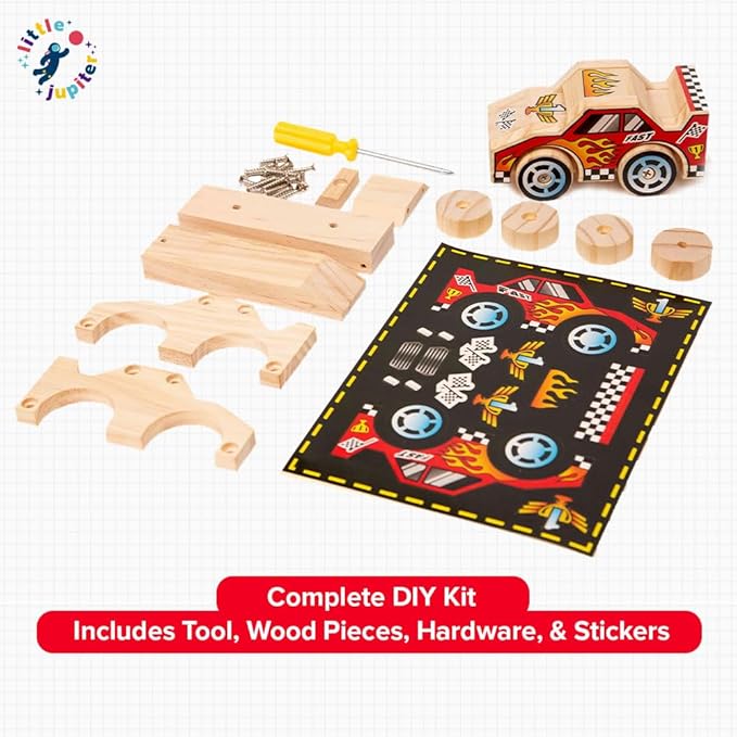 Little Jupiter DIY Wooden Kits w/Stickers - Building Kit - Stem Building Toys - Wood Crafts - Woodworking Kit - Wood Building for Ages 4-7 Yrs (Race Car)