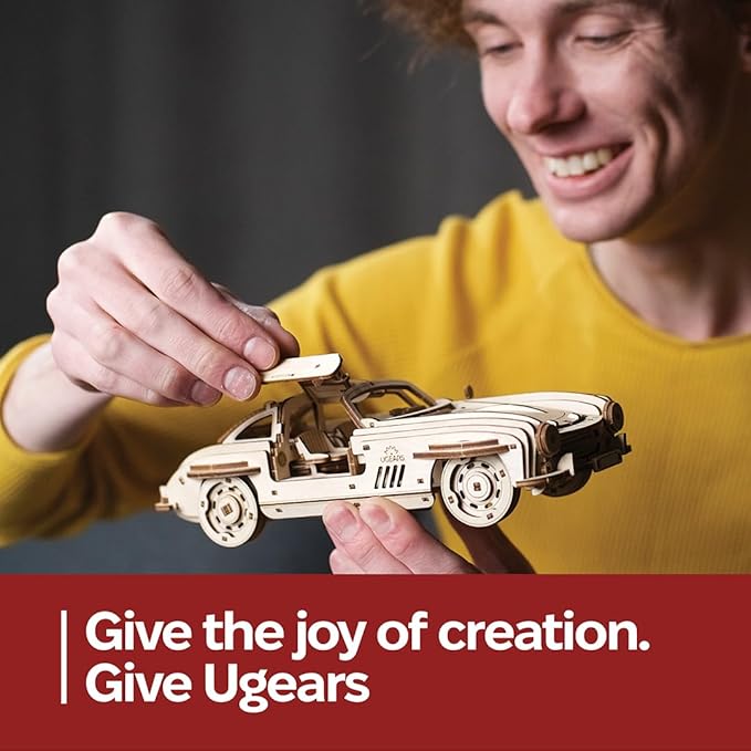 UGEARS Winged Sports Coupe Model Car Kit - 3D Wooden Puzzle for Adults – Model Kit for Adults to Build - DIY Wooden Car with Authentic Gull-Wing Design