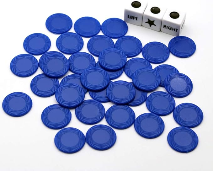 Left Right Center Dice Game Set with 3 Dices + 36 Blue Chips (Blue)