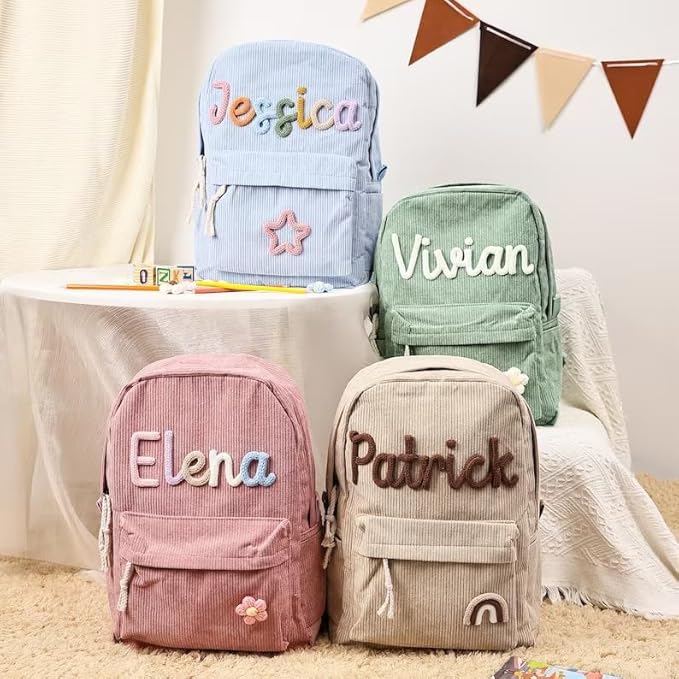 Personalized Corduroy Backpack, Custom School Bag with Embroidered Name, Customize Monogram Book Bag Back to School Gifts for Toddlers and Kids