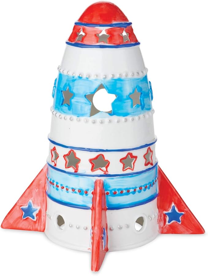 MindWare Paint Your Own Porcelain: Rocket Light with 2 Tea Lights, 12 Paints & 2 Brushes - Creative paintable Pottery Crafts & Gift Kits for Kids