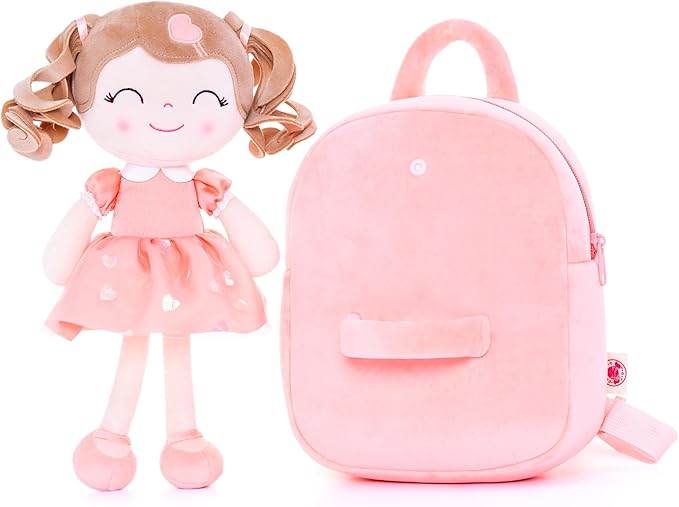 Gloveleya Back to School Gifts for GirlsToddler Backpack Baby Girl Gift Plush Bag Diaper Bag with Spring Girl Doll Curly Hair Girl Toys with Love Orange 9 Inches