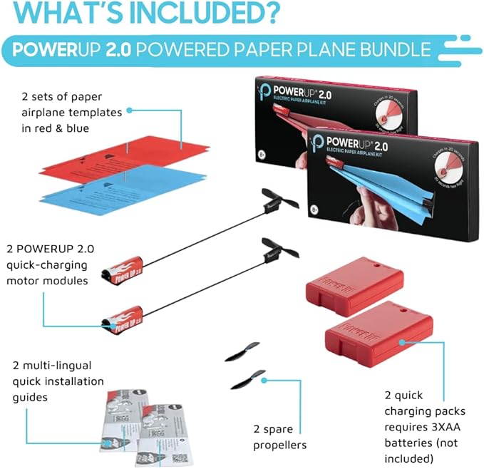 POWERUP 2.0 Paper Airplane Conversion Kit (2 Pack – Red & Blue) – Electric Motor Engine for Paper Planes | Fly Over 30 Seconds | STEM Toy for Kids & Adults, Durable Carbon Fiber Propeller
