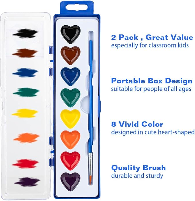 ARTLYMERS 2 Pack Valentines Watercolor Paint Set Kids, 8 Washable Heart Shaped Water Colors Paint Sets with Paintbrush, Art Supplies for Preschool Classroom Party Favor Gifts Prizes Exchange