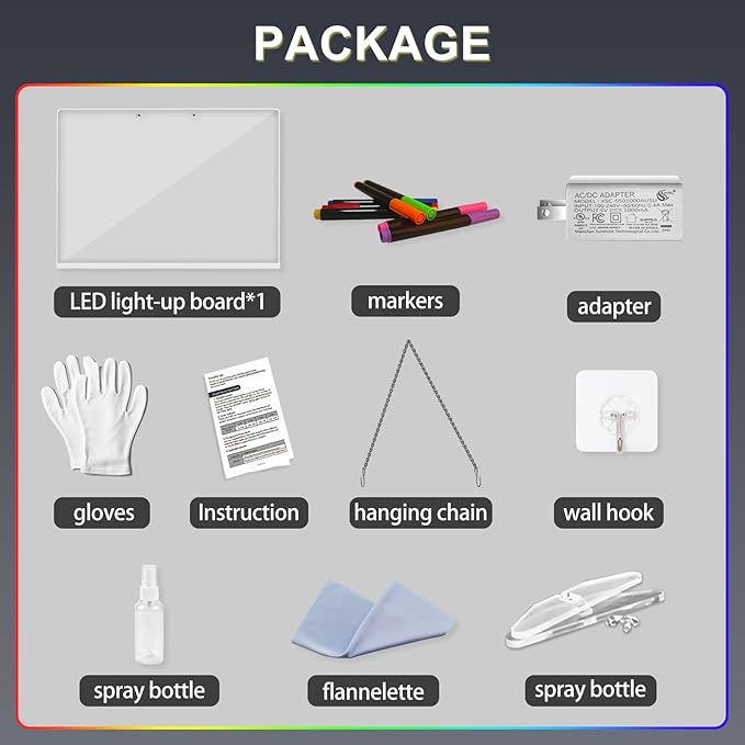 LED Note Board with 7 Colors, Includes Adapter, 13"x10" Led Drawing Board for Kids with Invisible Stand, Light Up Dry Erase Board with 7 Markers, Soft Cloth, Hanging Chain, Holiday Trend Gift