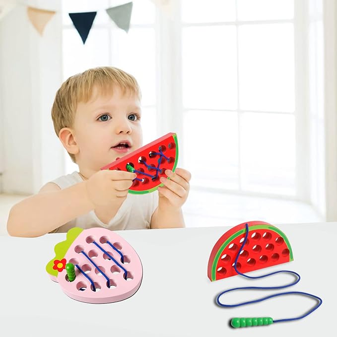 Wooden Lacing Toys for Toddlers, Baby Toys Strawberry Threading Learning Fine Motor Skills,Montessori Sensory Educational Wooden Block Puzzle Travel Gift for 3 Years Old Baby Boys Girls