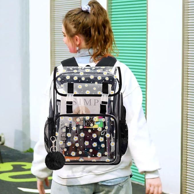 17" Daisy Clear Backpack for Girls - 3Pcs Flip Design Stadium Approved Set, Waterproof Campus/School Transparent Bookbag (Black)