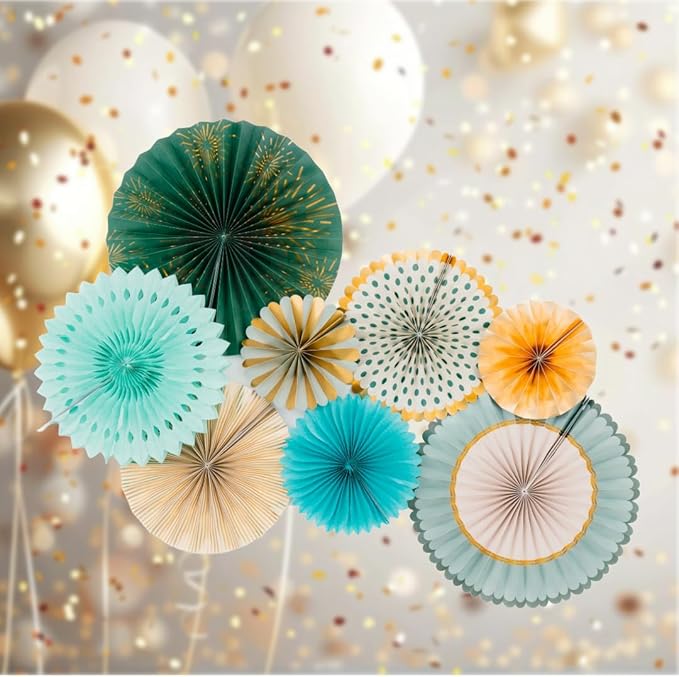 PapaKit Origami Wall Decoration Set (8 Assorted Round Paper Fans) Birthday Party Baby Shower Wedding Events Decor | Creative Art Design Pattern (Sage Green with Metallic Gold Accent)