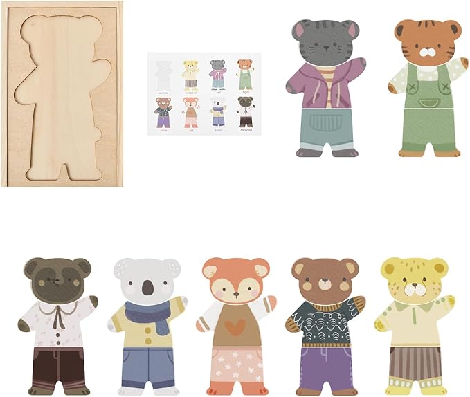 Wooden Animal Dress-Up Puzzle with Storage Box - Mix-and-Match Jigsaw Puzzles for Toddlers Ages 3+, Preschool Montessori Early Education Toy
