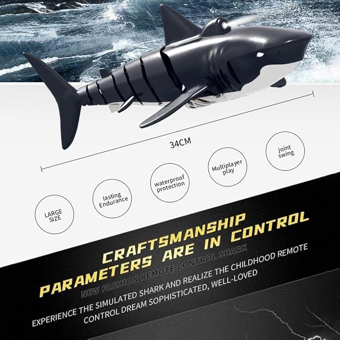 2.4G Remote Control Shark Toy 1:18 Scale High Simulation Shark for Swimming Pool Bathroom - Great Gift RC Boat Toys for 6+ Year Old Boys and Girls (with 2 Batteries)