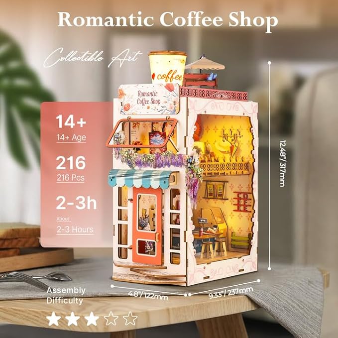 Book Nook Kit,Coffe House Miniature House Kit for Teens and Adults,3D Wooden Puzzle Tiny House Booknook Bookend Bookshelf Decor Model Build.(Romantic Coffee House)
