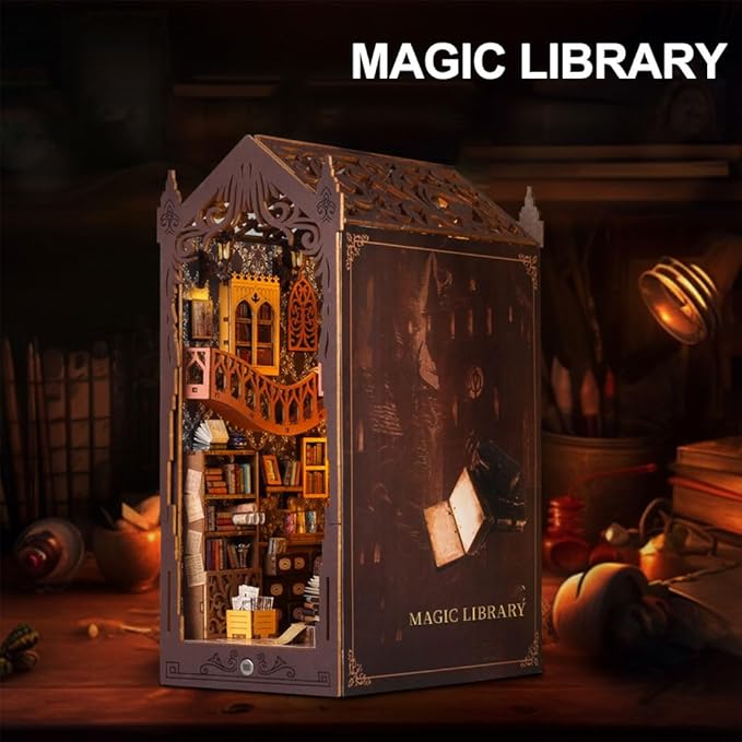 Magic Library Book Nook Kit - DIY Miniature House Tiny House 3D Wooden Puzzle Dollhouse Kit for Adults and Teens, Bookshelf Insert Decor, Model Build, Craft Gift for Family and Friends