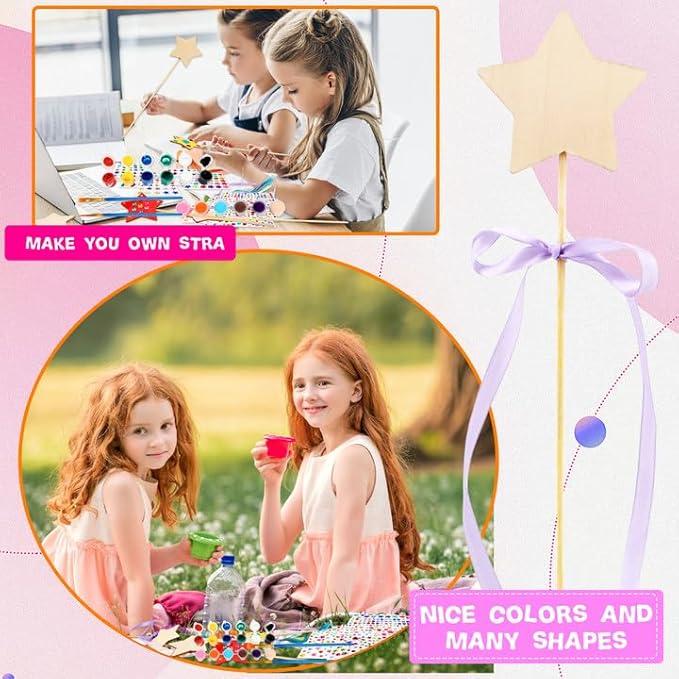 92 Pcs Unfinished Star Princess Fairy Wands Kit Make Your Own Princess Wand DIY Art Craft Magical Wand Include 36 Star Wooden Fairy Wands 18 Gem Stickers 36 Ribbons 2 Markers for Kids Party Supplies