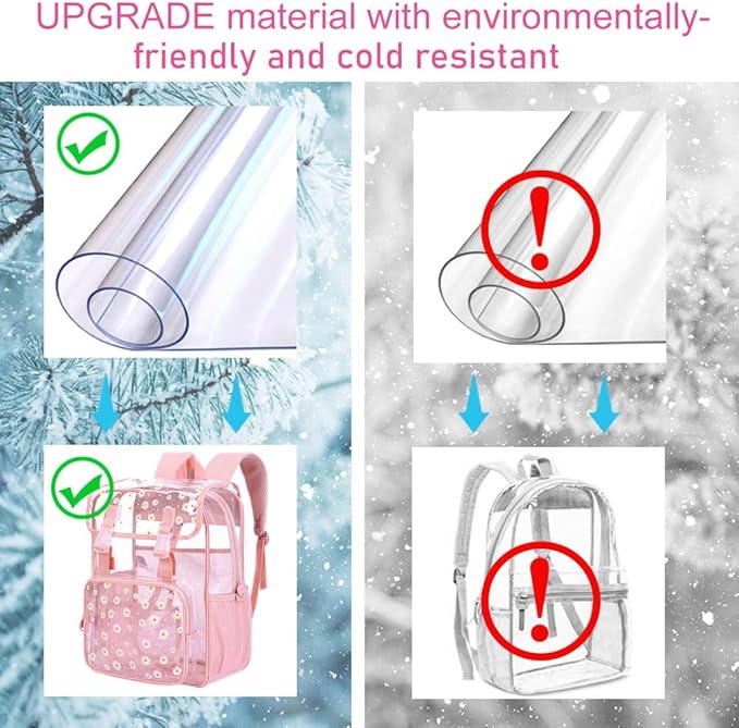 17" Daisy Clear Backpack for Girls - 3Pcs Flip Design Stadium Approved Set, Gym/Concert Transparent Bookbag (Pink)