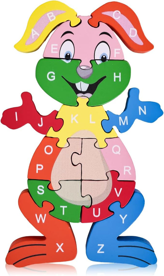 LovesTown Rabbit Wooden Puzzles, 26PCS Alphabet and Number Building Blocks Wood Jigsaw Puzzle for Kids Preschool, Medium