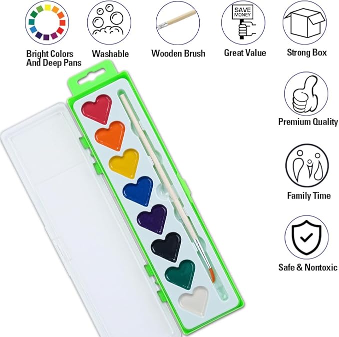 Watercolor Paint Sets Bulk, 24 pack 8 Colors Washable Paint Sets,Wooden Brushes, Idear Valentines Day Gift Christmas Gift for Preschool Classroom, Art School, Birthday Party Favors