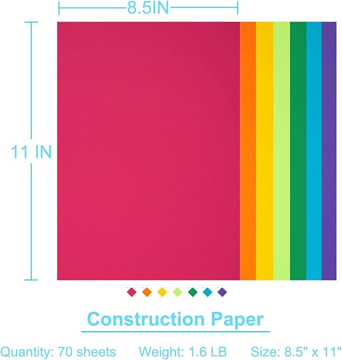 Construction Paper 8.5inx11in,70 Sheets,Set of 7 Colors Classic Rainbow 178GSM/65LB Heavyweight Construction Paper,Crafts,Arts,School Classroom Art Supplies Assorted Colors Bulk Paper
