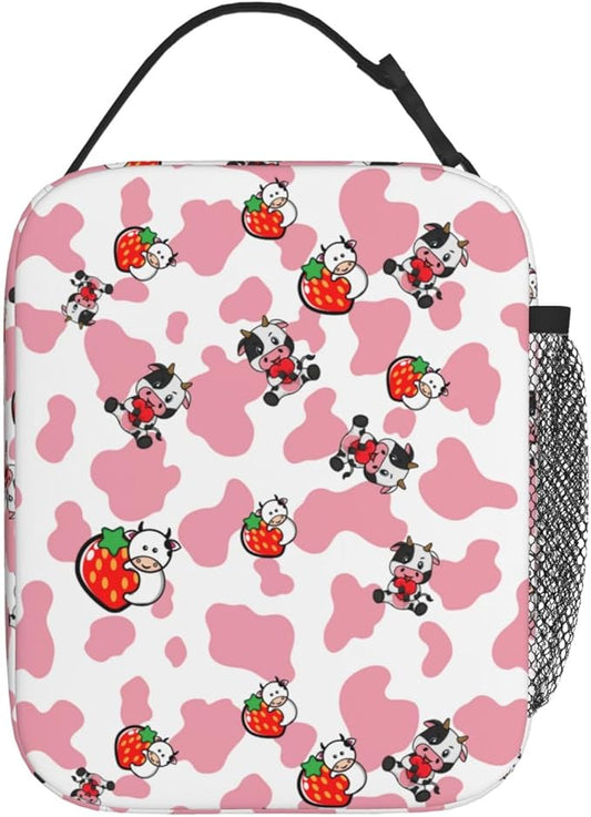Pink Strawberry Cows Print Reusable Lunch Box Food Bag Insulated Lunch Bag for Teenage Boys Girls School Beach