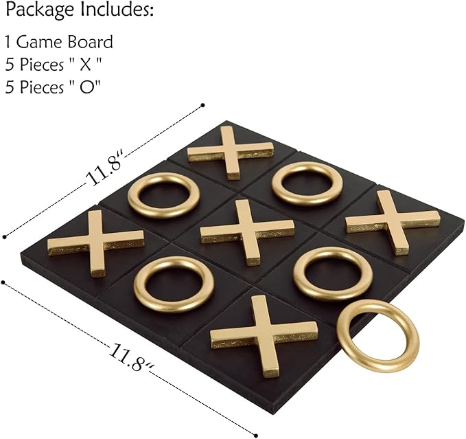 NIKKY HOME 12x12 Inch Tic Tac Toe Wood Game Board Classic Coffee Table Decor Modern Wooden Travel Game for Family, Black & Gold