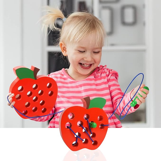 Lacing Toys for Toddlers,Wooden Threading Apple Baby Travel Toys,Montessori Education Sensory Learning Fine Motor Skills, Wooden Block Puzzle Gifts for 3 Year Old Baby Kids Boys Girls