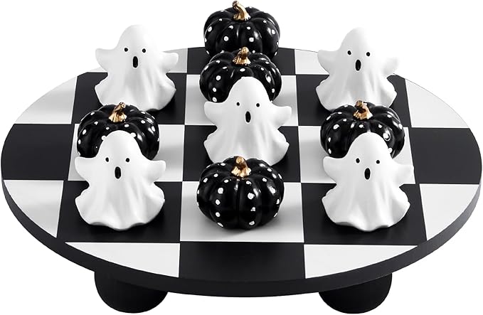WDS WONDROUS Halloween Decor Tic Tac Toe Game Set with Cute 3D Resin Pumpkin&Ghost Pieces, 9.88" Round Wood Checker Board, Fun Coffee Table Decoration, Indoor Home Decor for Party, Gift,Black&White