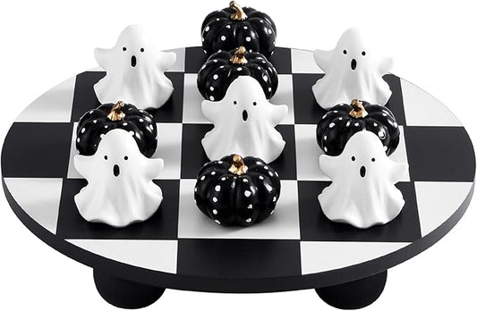 WDS WONDROUS Halloween Decor Tic Tac Toe Game Set with Cute 3D Resin Pumpkin&Ghost Pieces, 9.88" Round Wood Checker Board, Fun Coffee Table Decoration, Indoor Home Decor for Party, Gift,Black&White