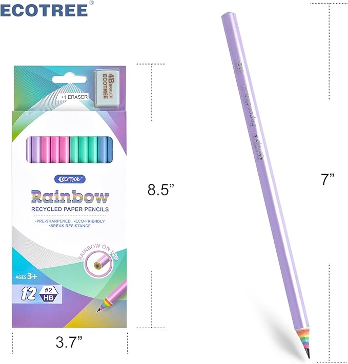 ECOTREE Pre-Sharpened Pencils #2 Eco Rainbow Paper Pencils for Kids Cute Number 2 Pencil with Erasers for School, Writing,12 Count