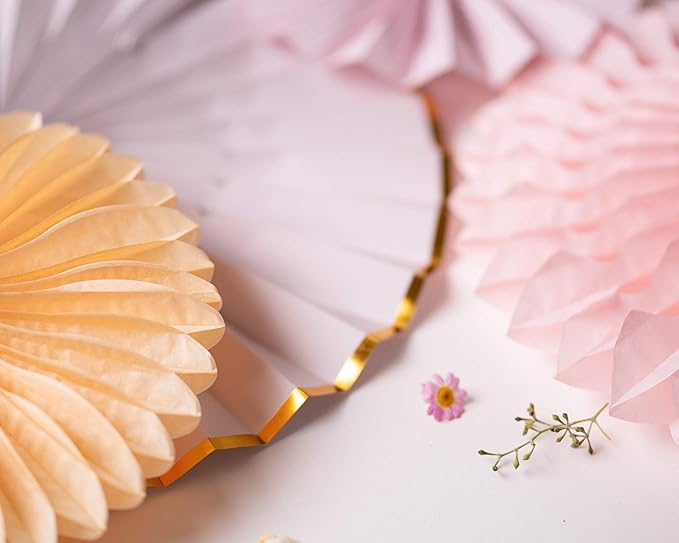 PapaKit Origami Wall Decoration Set (8 Assorted Round Paper Fans) Birthday Party Baby Shower Wedding Events Decor | Creative Art Design Pattern (Sparkling Pink Rose Blush, 8 Piece Set)