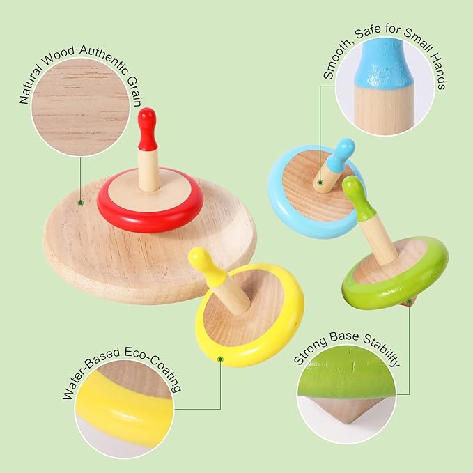 WODI 4PCS Wooden Spinning Tops - Adorable Animal Gyroscope Toys for Toddlers, Safe & Fun Montessori Educational Gift, Fidget Spinner for Kids/Toddlers (#3)