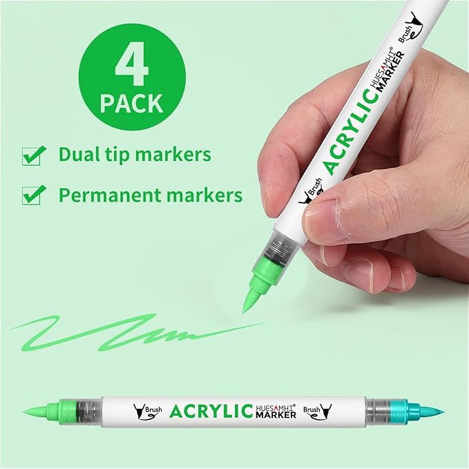 Dual Tip Brush Markers, 4 Pack Double Ended Acrylic Paint Pens - Permanent Water-Based for Rock Painting, Wood, Metal, Ceramic, Glass, Crafts & Kids Art Assorted Colors
