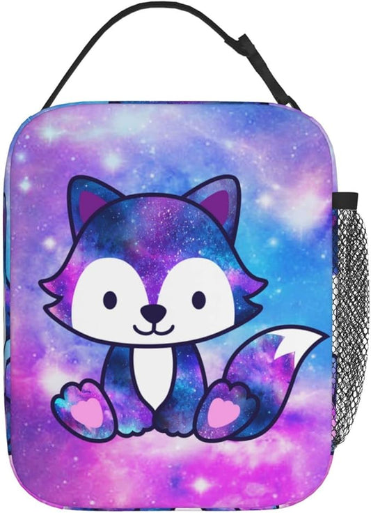 Mrublnel Galaxy Fox Printed Insulated Lunch Box Portable Lunch Bag with Detachable Handle,Reusable Lunchbox for Girls Boys Adults (Mrlunchbag-2302)
