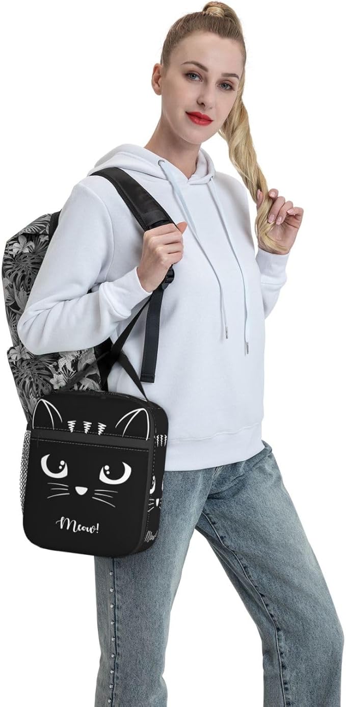 Black Cat Reusable Lunch Box Food Bag Insulated Lunch Bag for Teenage Boys Girls School Beach