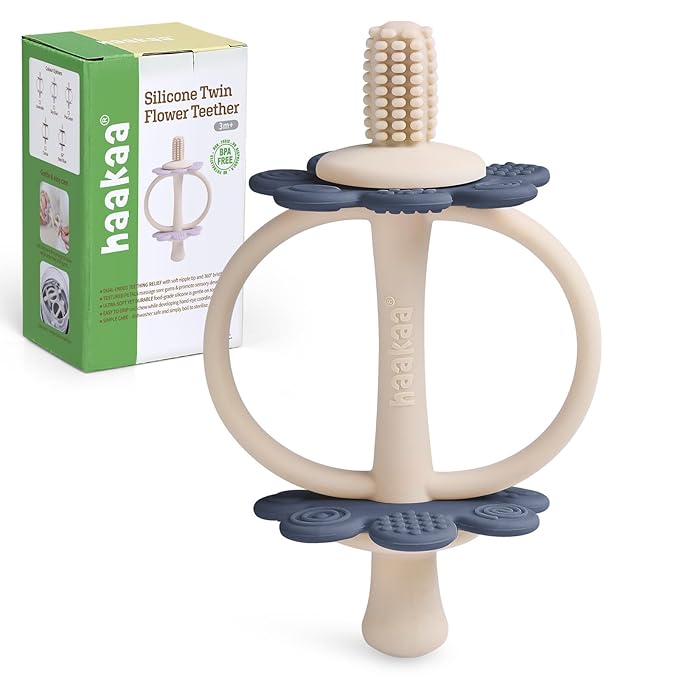 haakaa Silicone Teething Toy,Nipple-Shaped End for Gum Massage,360Β° Baby Toothbrush Head for Self-Brushing Training,Easy to Grip-Steel Blue