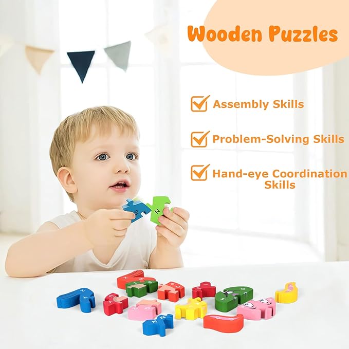 LovesTown Rabbit Wooden Puzzles, 26PCS Alphabet and Number Building Blocks Wood Jigsaw Puzzle for Kids Preschool, Medium