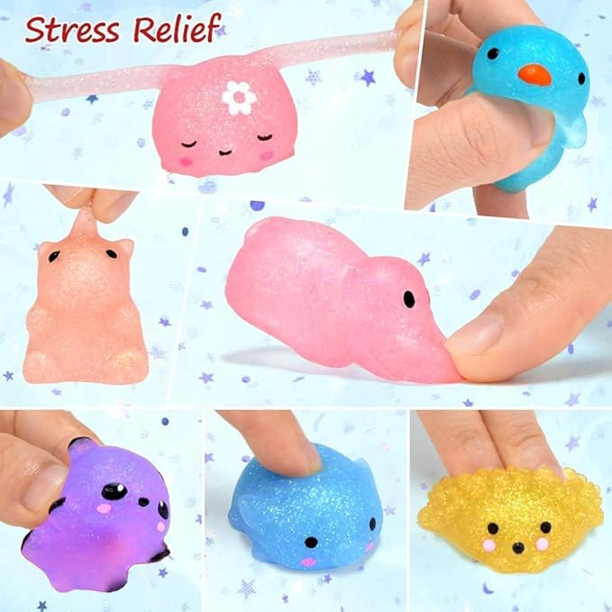 LUDILO Mochi Animal Squishies Toys 2nd Generation Glitter Mochi Squishy 20pcs Kawaii Mini Squishies Squeeze Toys for Kids Stocking Stuffers Class Prizes Valentines Birthday Gifts Easter Egg Fillers